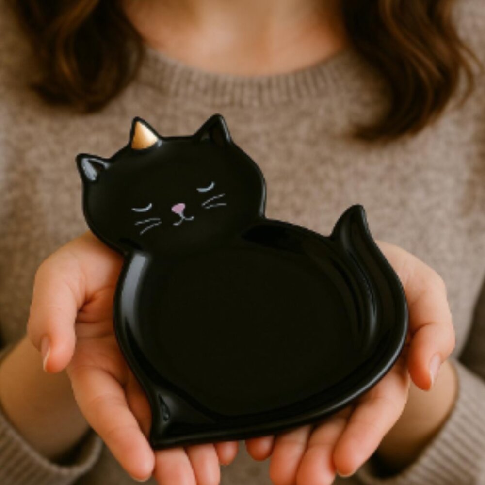 Adorable Black Cat Ceramic Jewelry Tray for Rings, Earrings, and Trinkets NEW